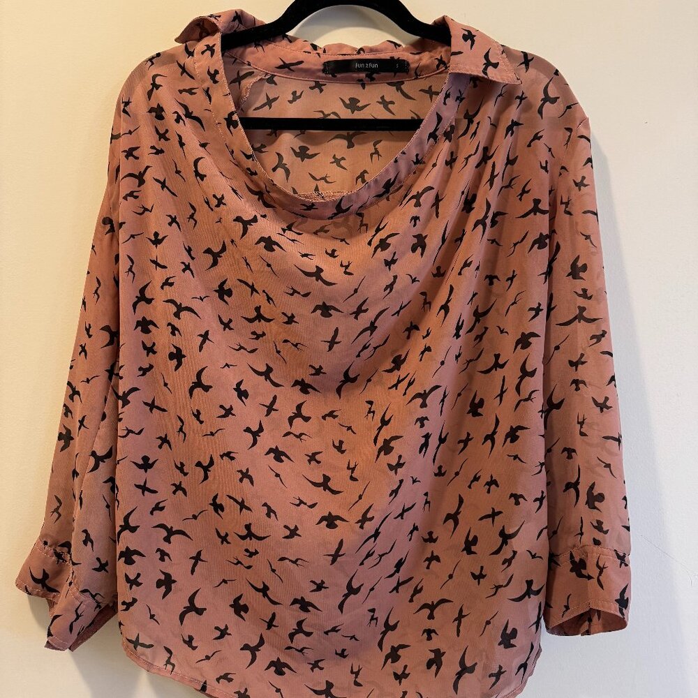 Cowl Neck Sheer Blouse with Bird Print